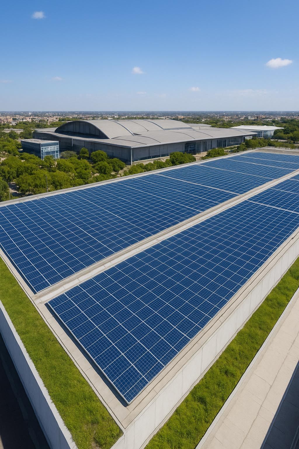 Modern Spanish exhibition pavilion with rooftop solar panels and green surroundings.