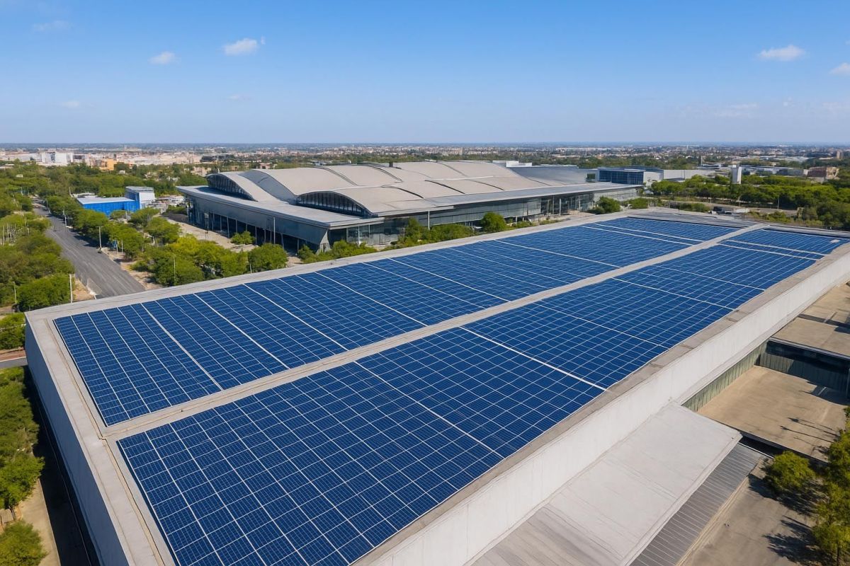 Aerial view of a Spanish trade fair pavilion with a rooftop solar farm
