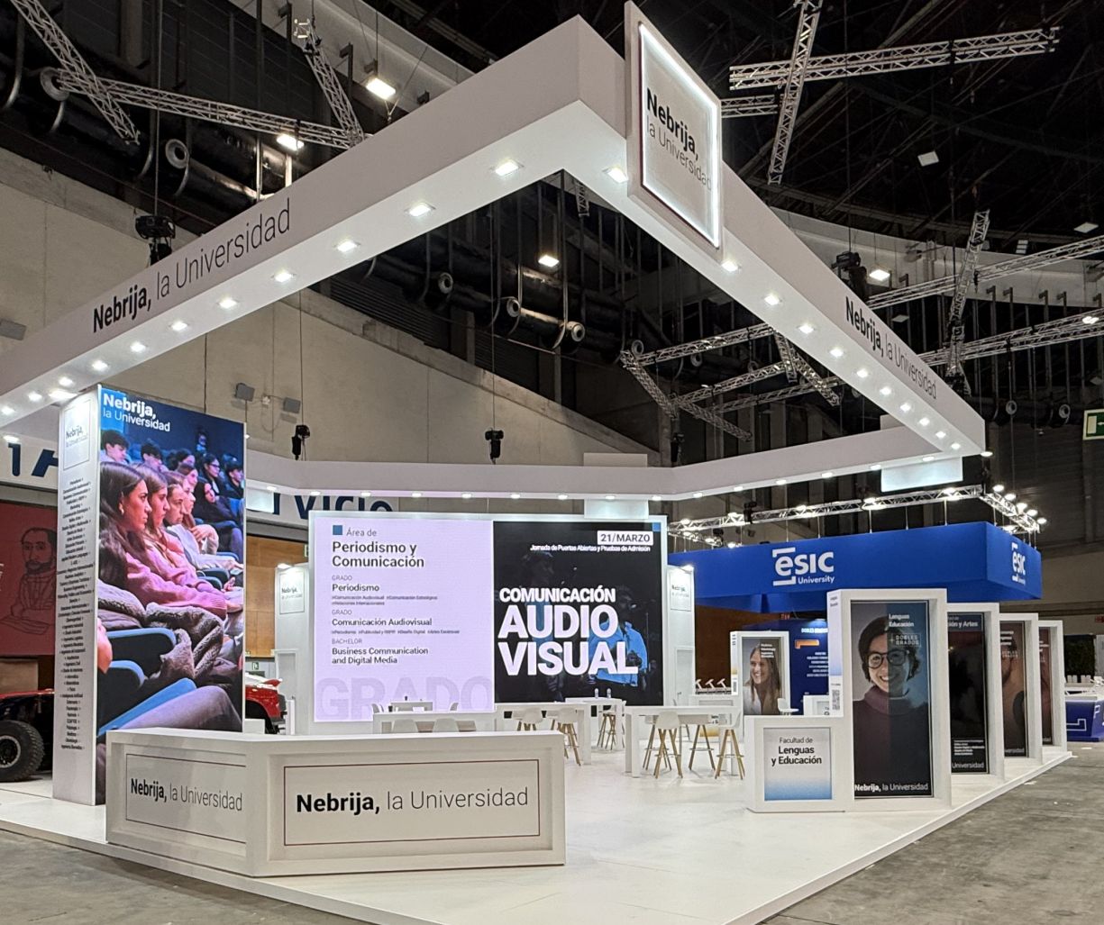Custom exhibition stand for Nebrija at AULA trade show, IFEMA Madrid