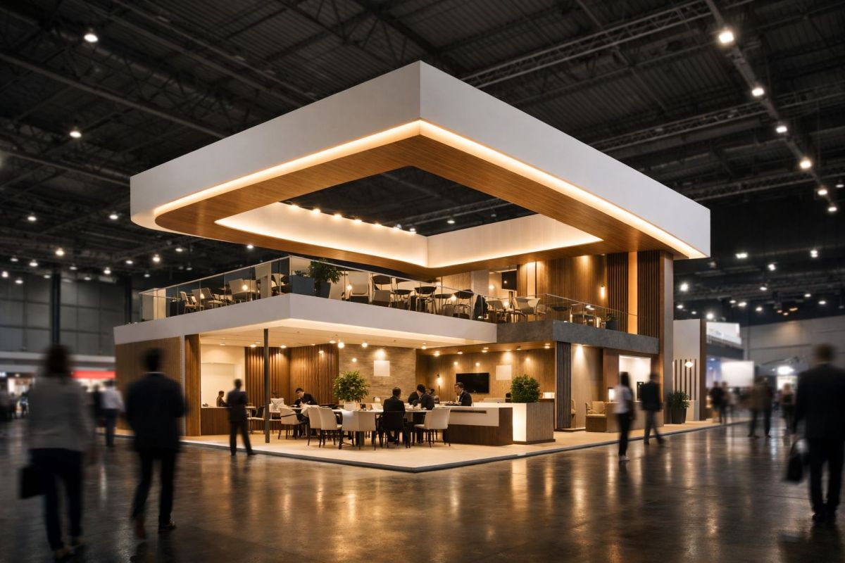 Wide-angle view of a premium custom exhibition stand with an iconic suspended overhead element and meeting area
