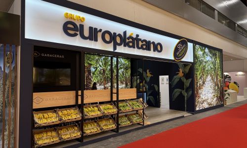 Interior counter of an inline exhibition stand in Madrid with perimeter LED lighting, 3D logo, and tropical backlit graphic background